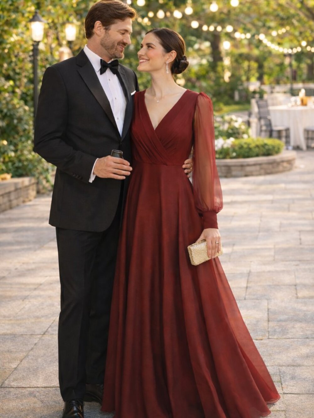 Mac Duggal Garnet Red Chiffon Maxi Dress A-Line Long Sleeve Surplice Gown